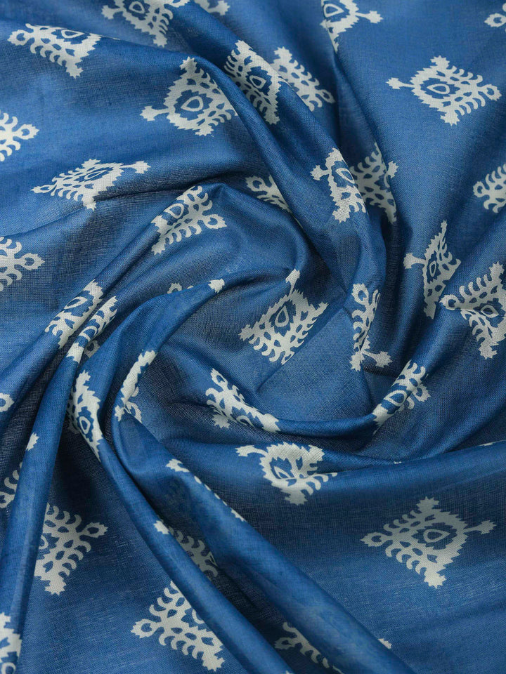 Blue Embroidered Cotton Blend Unstitched Suit &amp; Pant With Cotton Dupatta
