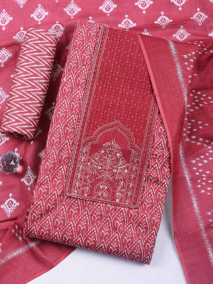 Dusty Pink Embroidered Cotton Blend Unstitched Suit &amp; Pant With Cotton Dupatta