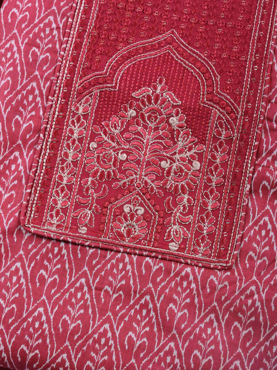 Dusty Pink Embroidered Cotton Blend Unstitched Suit &amp; Pant With Cotton Dupatta