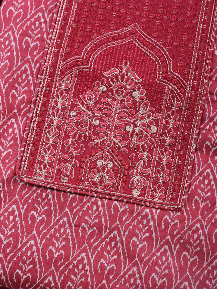 Dusty Pink Embroidered Cotton Blend Unstitched Suit &amp; Pant With Cotton Dupatta