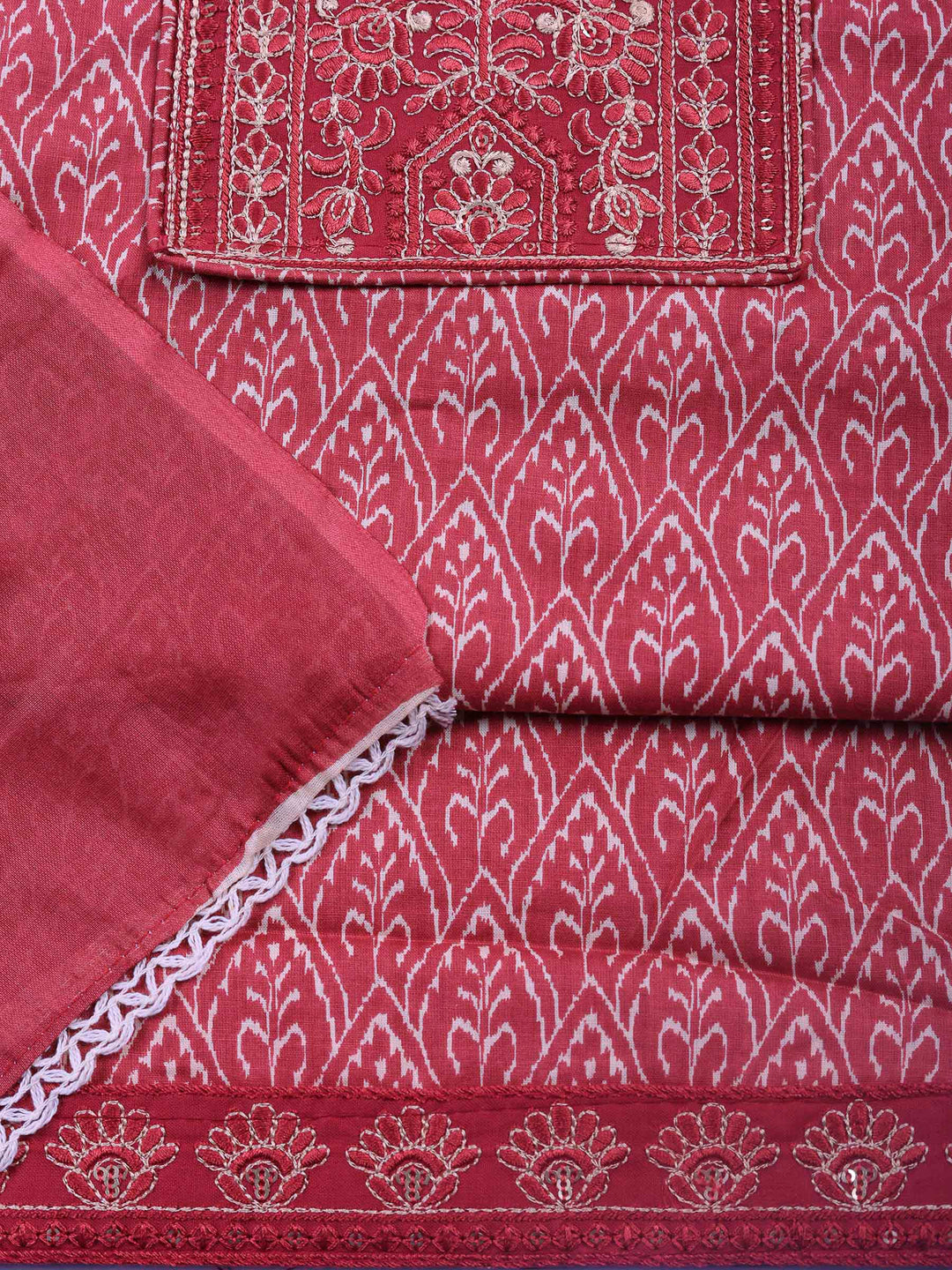 Dusty Pink Embroidered Cotton Blend Unstitched Suit &amp; Pant With Cotton Dupatta