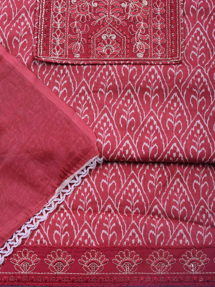 Dusty Pink Embroidered Cotton Blend Unstitched Suit &amp; Pant With Cotton Dupatta