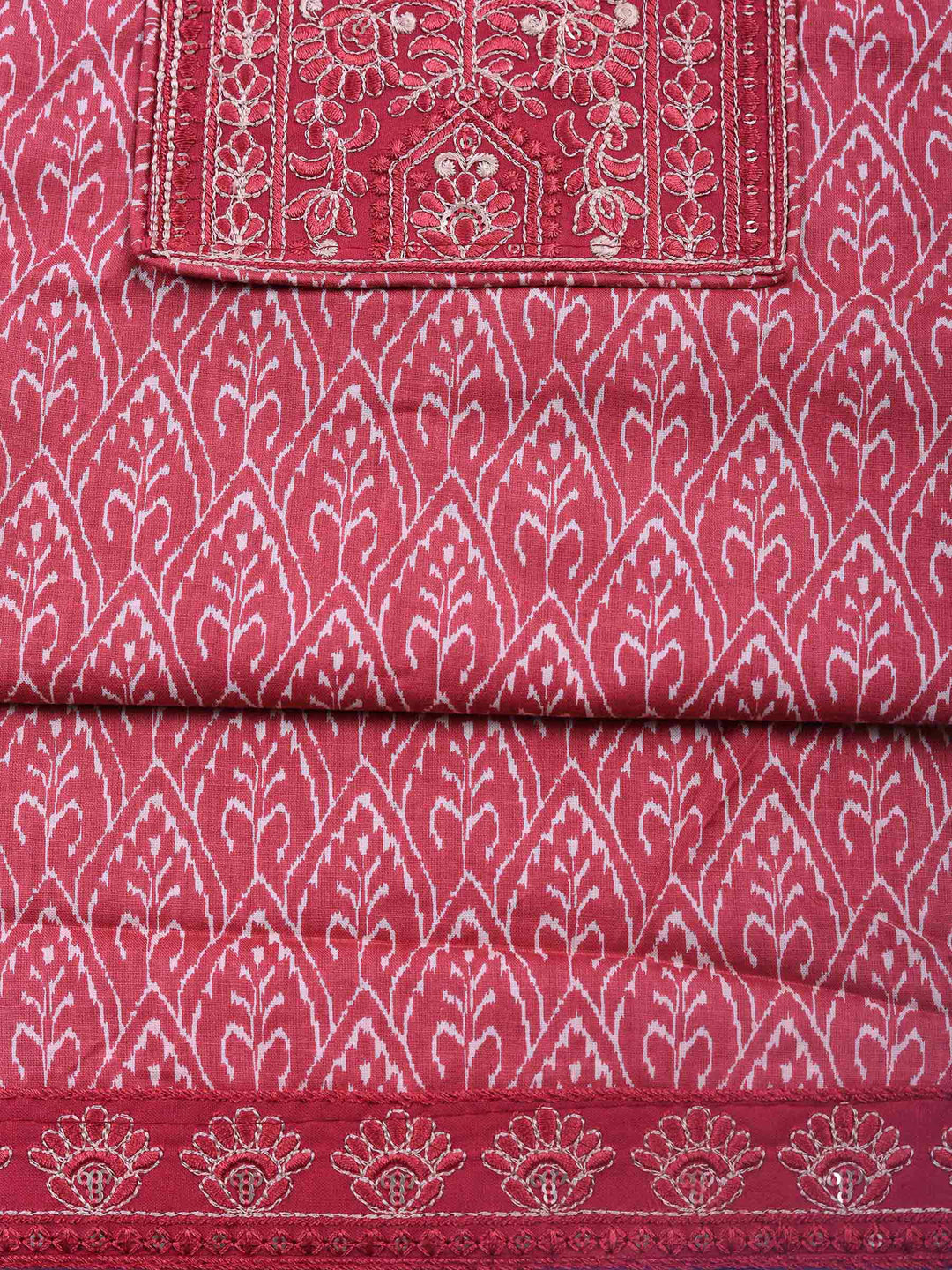 Dusty Pink Embroidered Cotton Blend Unstitched Suit &amp; Pant With Cotton Dupatta