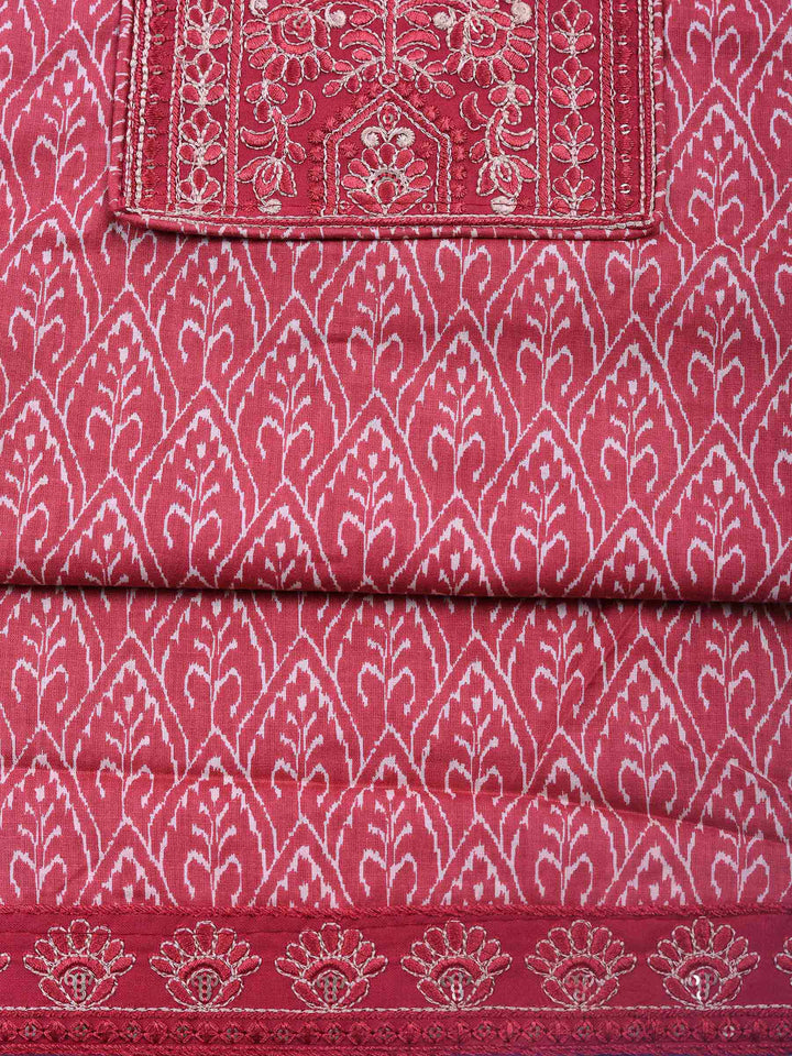 Dusty Pink Embroidered Cotton Blend Unstitched Suit &amp; Pant With Cotton Dupatta