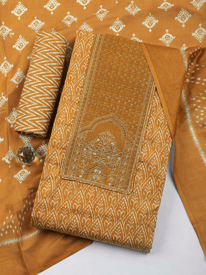 Mustard Embroidered Cotton Blend Unstitched Suit &amp; Pant With Cotton Dupatta