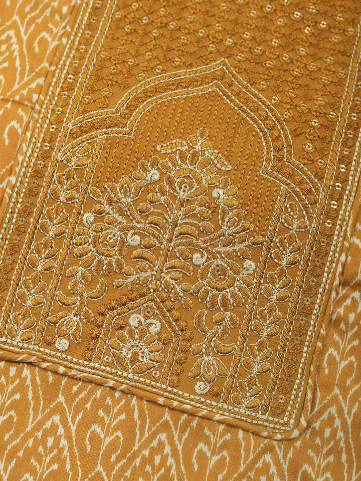 Mustard Embroidered Cotton Blend Unstitched Suit &amp; Pant With Cotton Dupatta