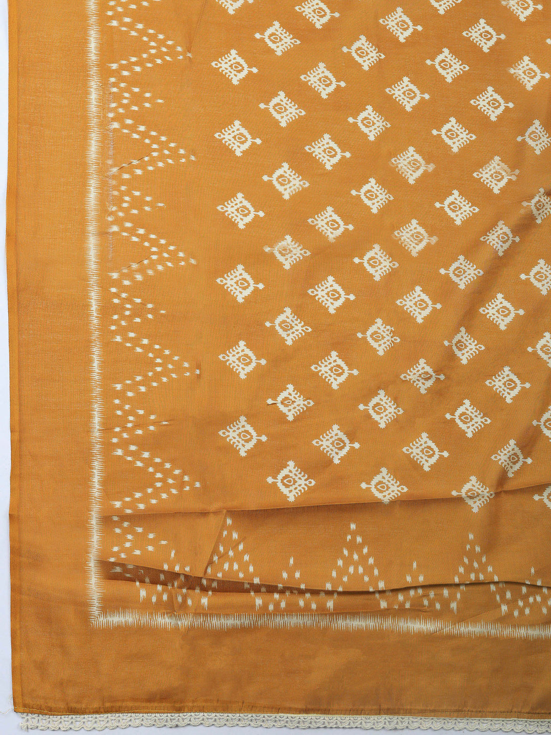 Mustard Embroidered Cotton Blend Unstitched Suit &amp; Pant With Cotton Dupatta