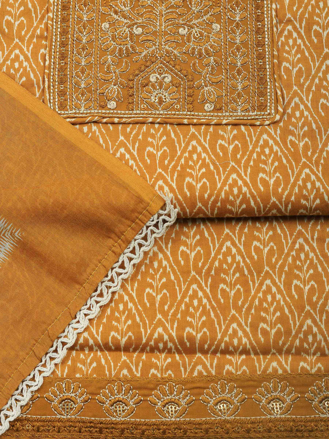 Mustard Embroidered Cotton Blend Unstitched Suit &amp; Pant With Cotton Dupatta