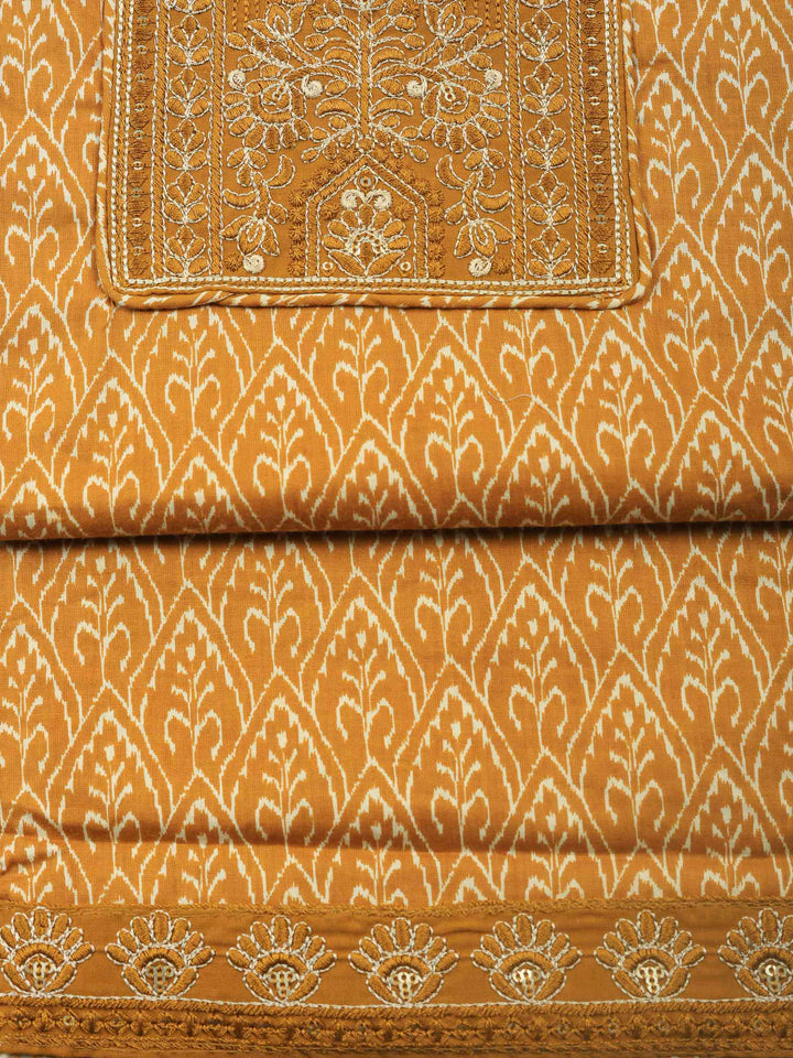 Mustard Embroidered Cotton Blend Unstitched Suit &amp; Pant With Cotton Dupatta