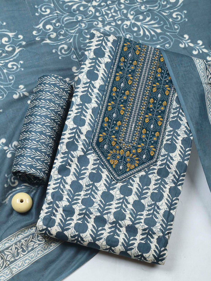 Blue Printed Cotton Blend Unstitched Dress Material