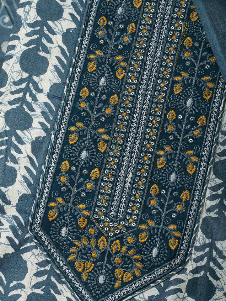 Blue Printed Cotton Blend Unstitched Dress Material