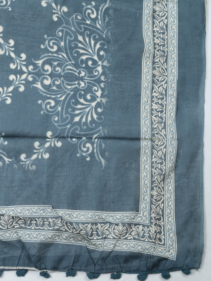 Blue Printed Cotton Blend Unstitched Dress Material