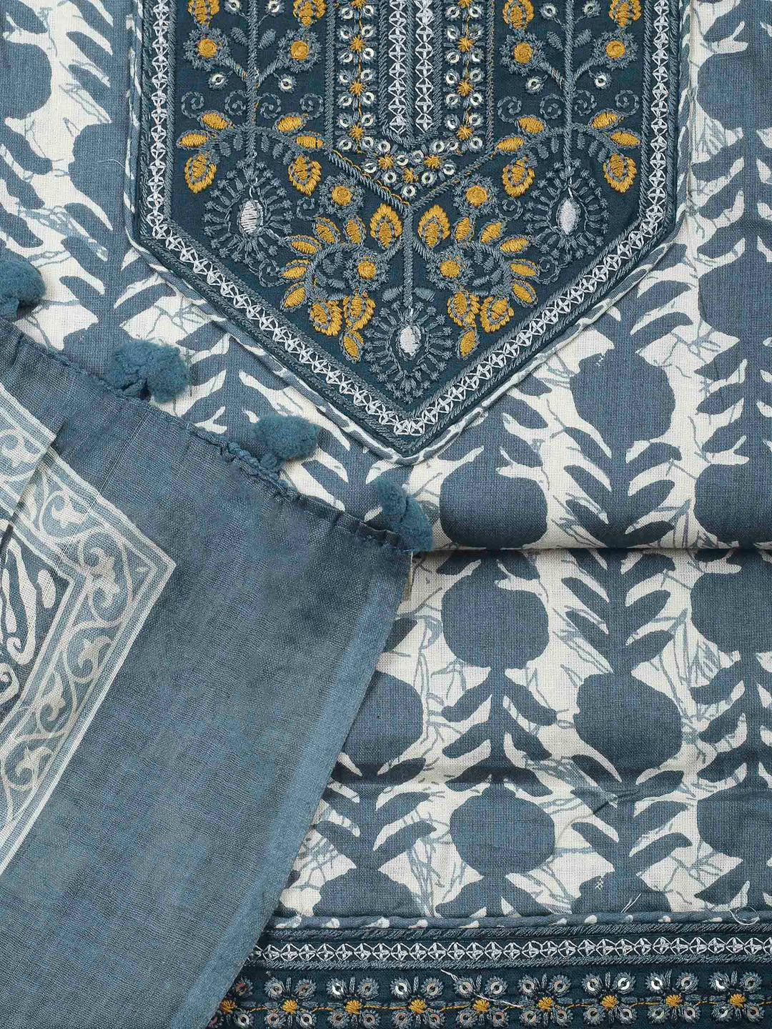 Blue Printed Cotton Blend Unstitched Dress Material