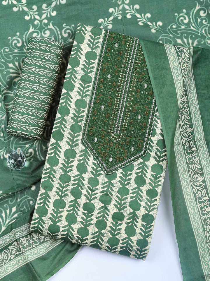 Green Printed Cotton Blend Unstitched Dress Material