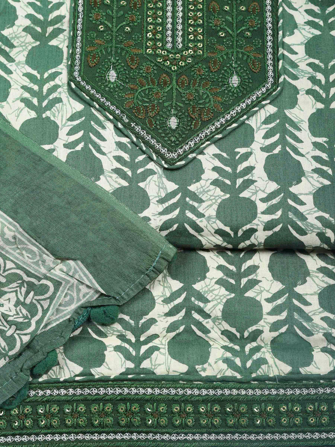 Green Printed Cotton Blend Unstitched Dress Material
