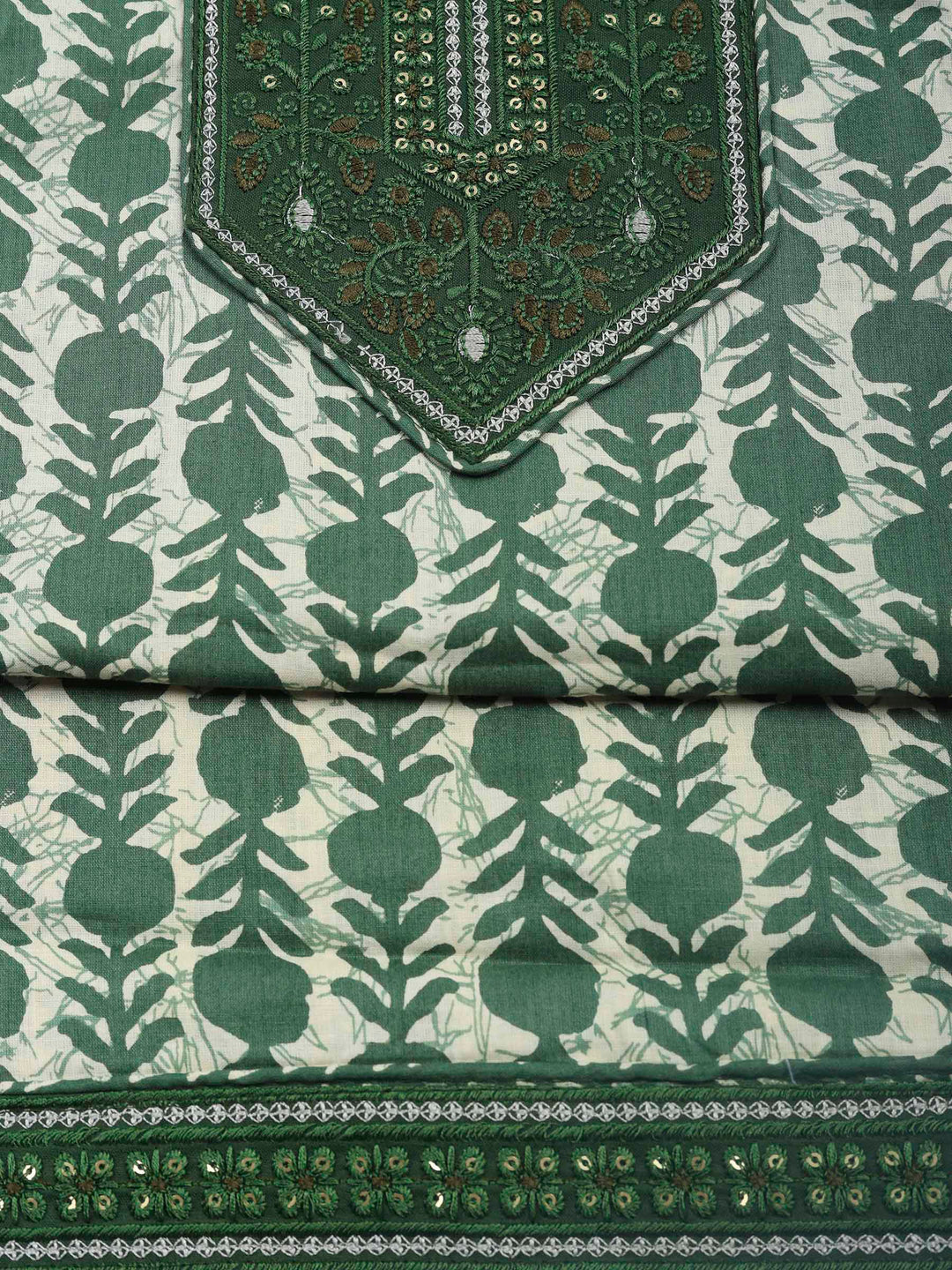 Green Printed Cotton Blend Unstitched Dress Material