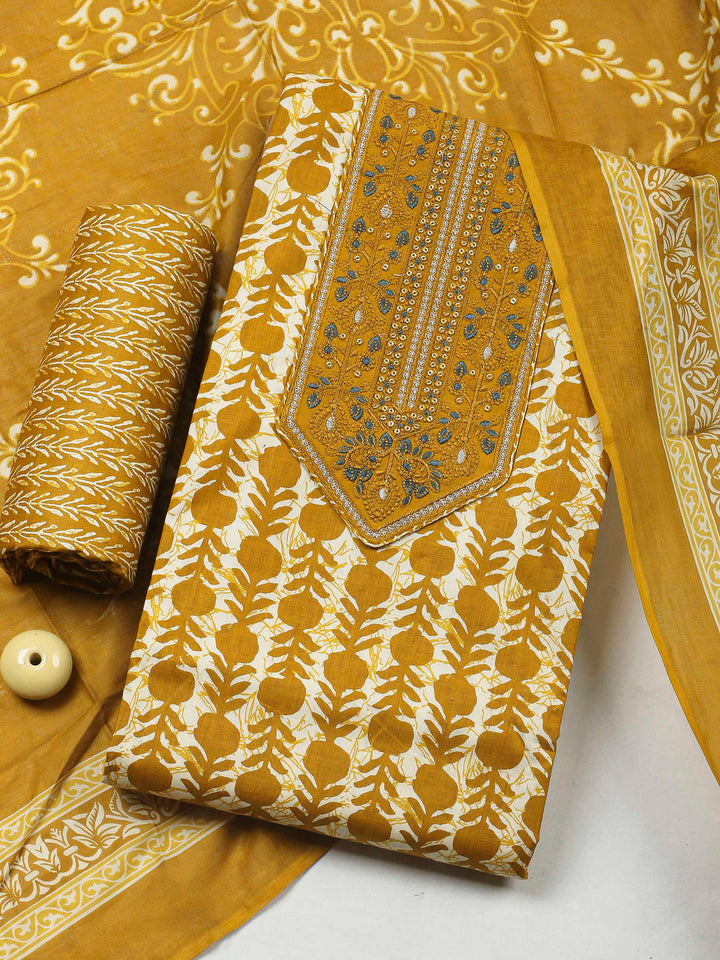 Mustard Printed Cotton Blend Unstitched Dress Material