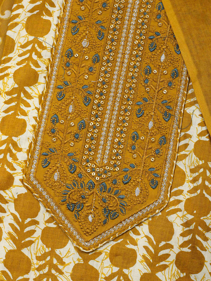 Mustard Printed Cotton Blend Unstitched Dress Material