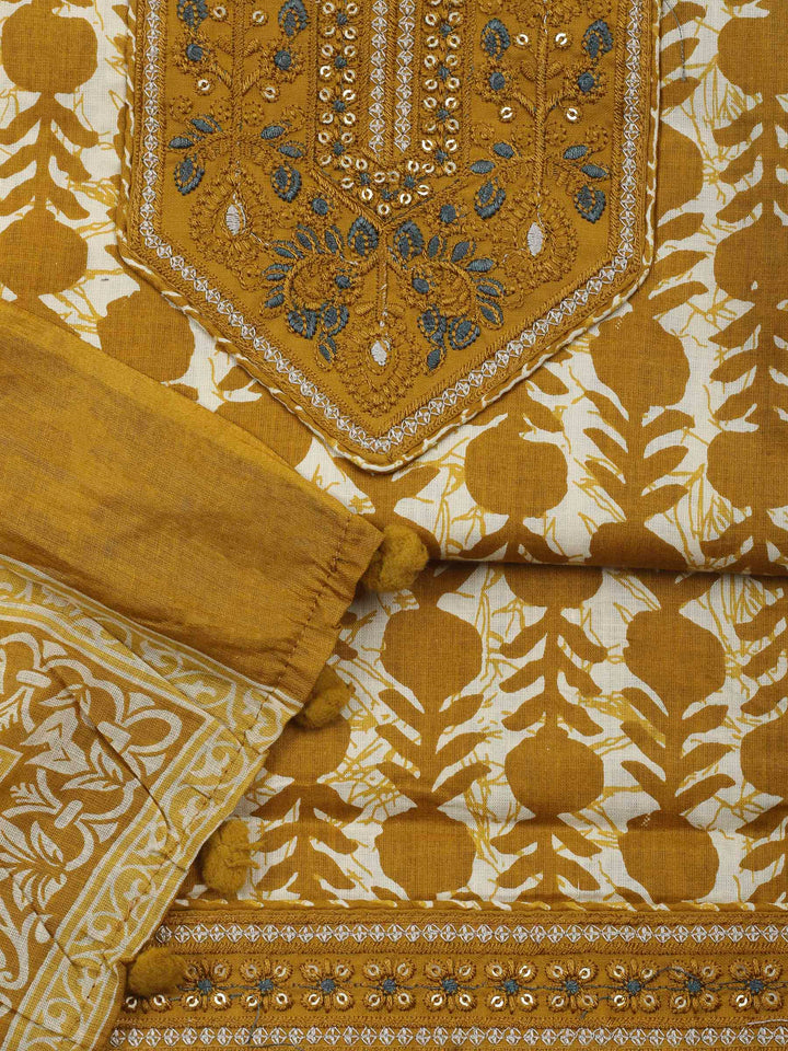 Mustard Printed Cotton Blend Unstitched Dress Material