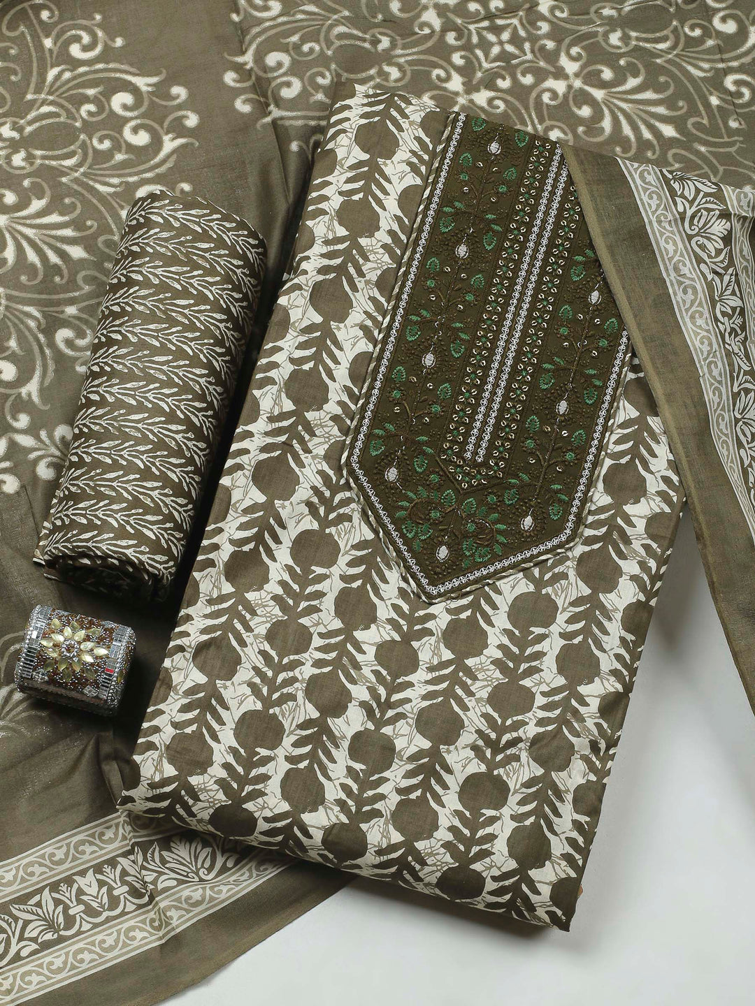 Olive Green Printed Cotton Blend Unstitched Dress Material
