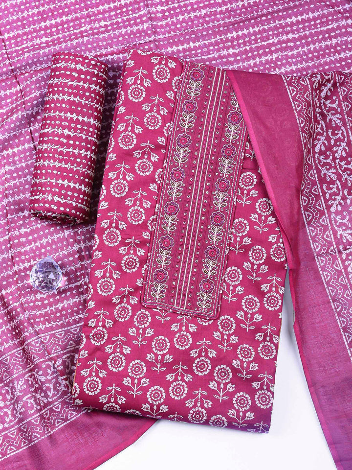 Magenta Printed Cotton Blend Unstitched Dress Material