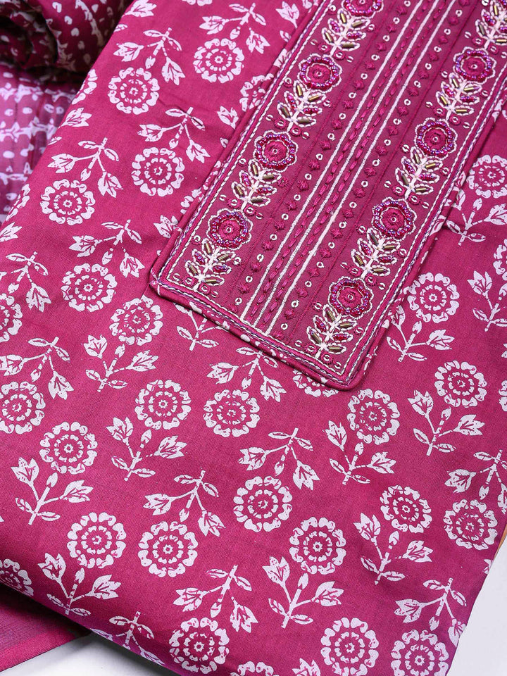 Magenta Printed Cotton Blend Unstitched Dress Material