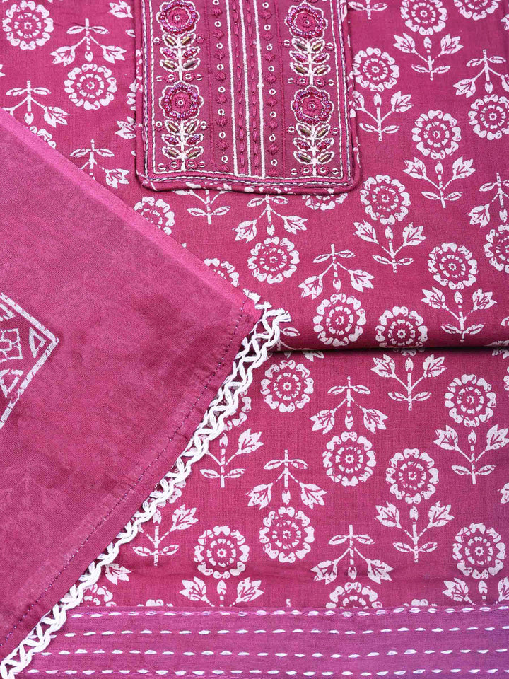 Magenta Printed Cotton Blend Unstitched Dress Material