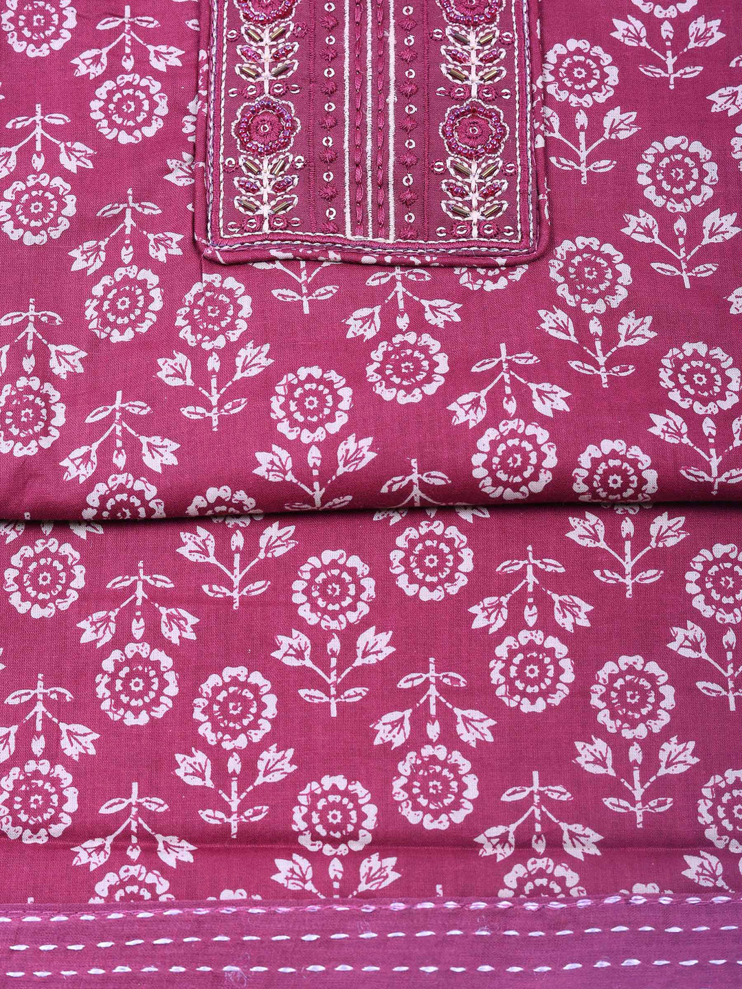 Magenta Printed Cotton Blend Unstitched Dress Material