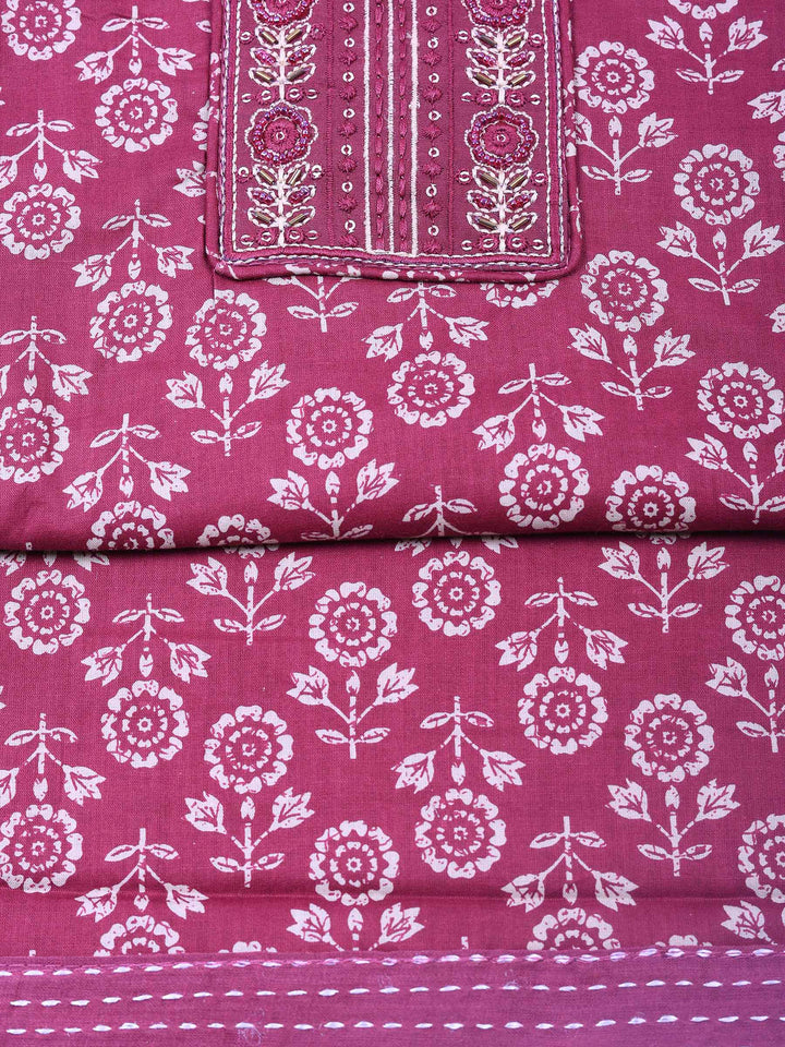 Magenta Printed Cotton Blend Unstitched Dress Material