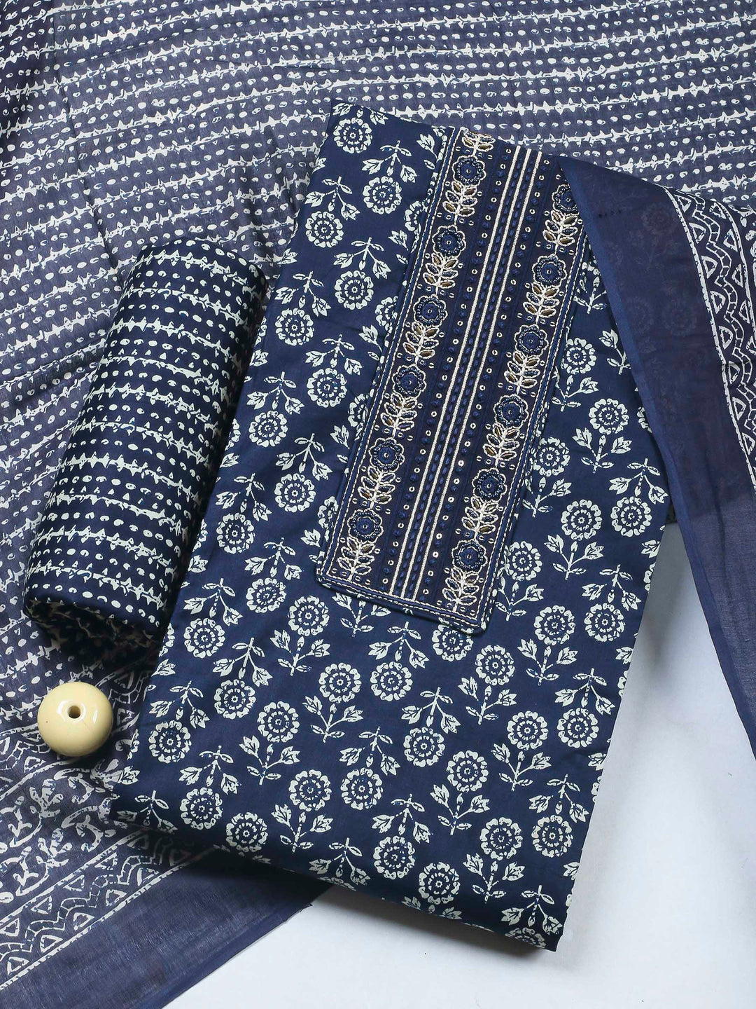 Navy Blue Printed Cotton Blend Unstitched Dress Material