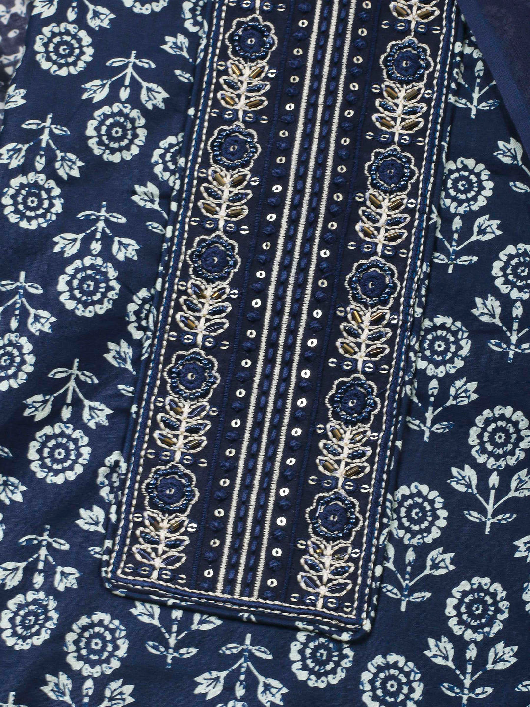 Navy Blue Printed Cotton Blend Unstitched Dress Material