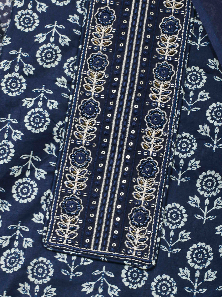 Navy Blue Printed Cotton Blend Unstitched Dress Material