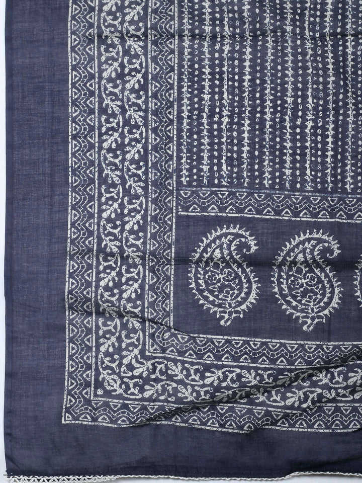 Navy Blue Printed Cotton Blend Unstitched Dress Material