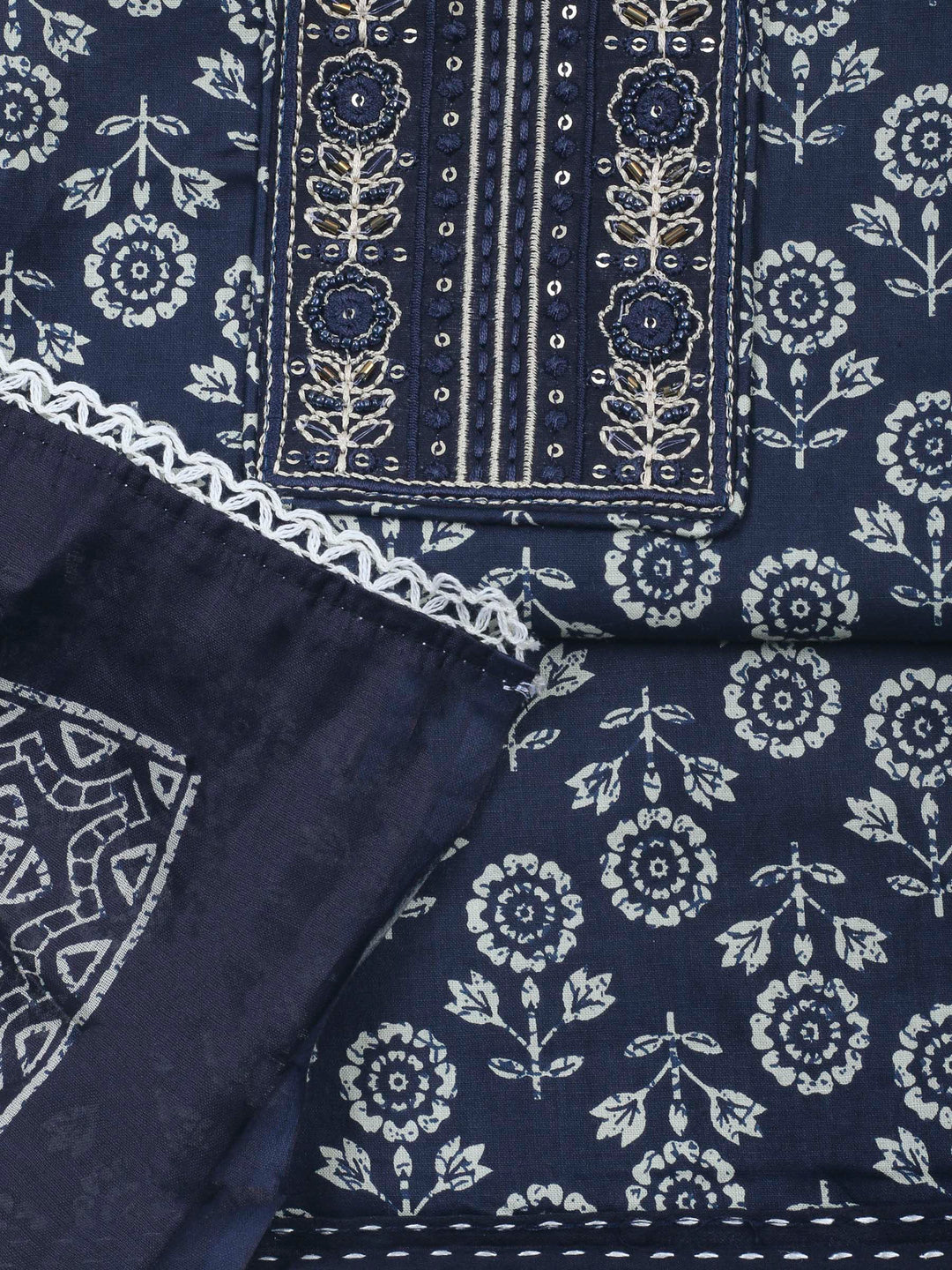 Navy Blue Printed Cotton Blend Unstitched Dress Material