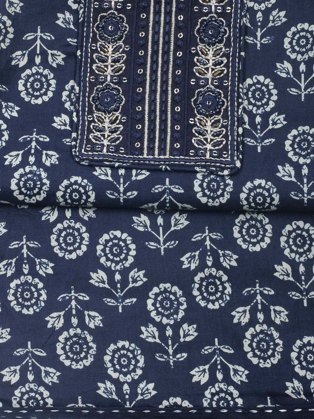 Navy Blue Printed Cotton Blend Unstitched Dress Material