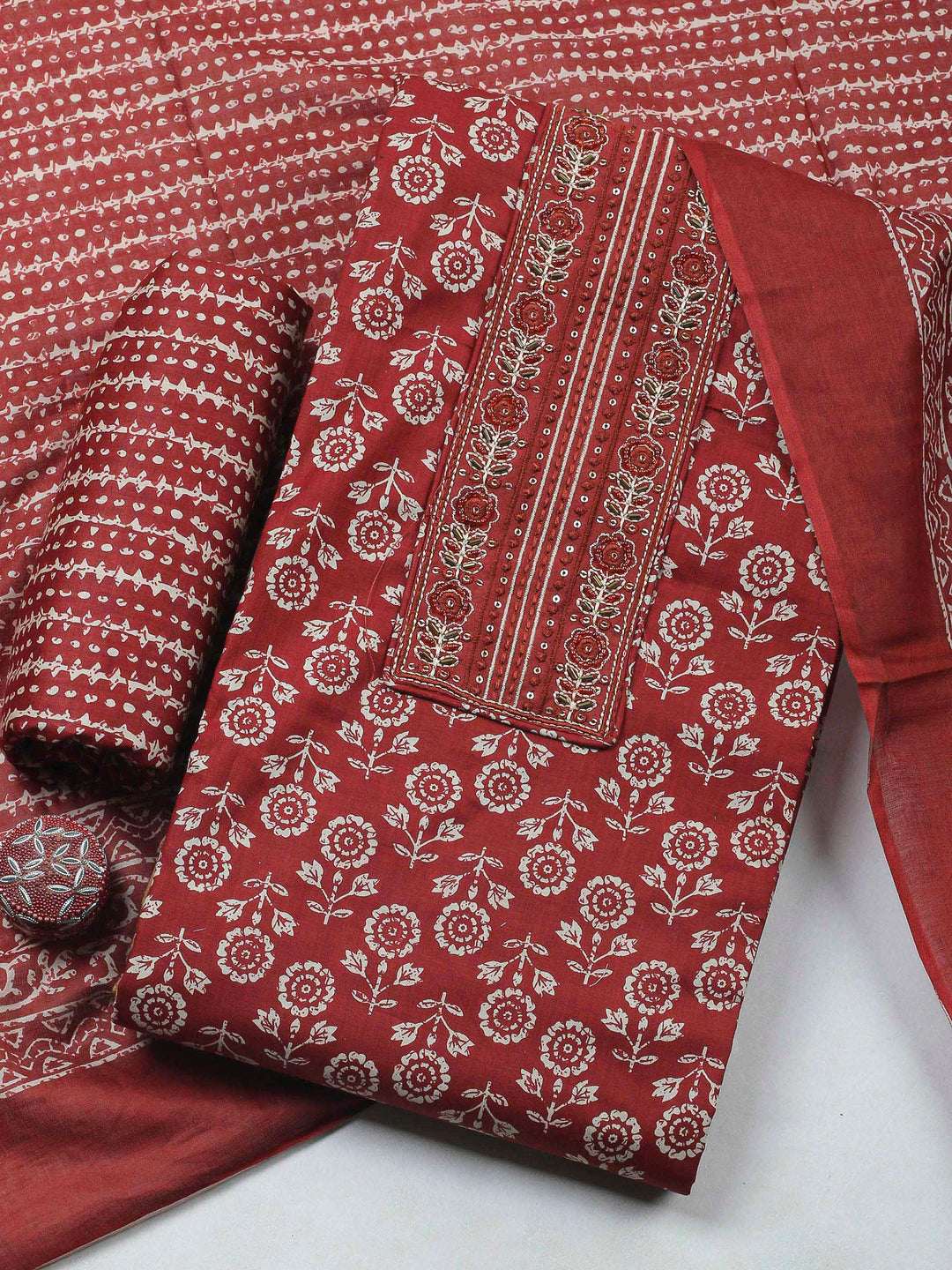 Rust Printed Cotton Blend Unstitched Dress Material