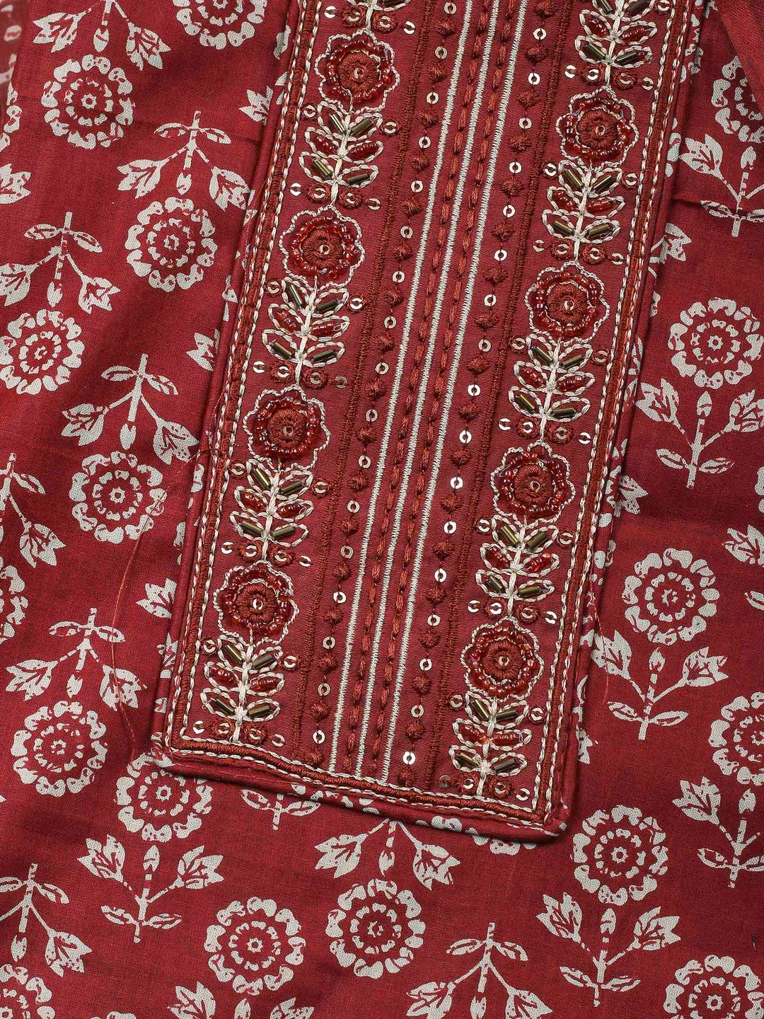 Rust Printed Cotton Blend Unstitched Dress Material