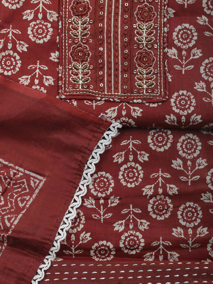 Rust Printed Cotton Blend Unstitched Dress Material