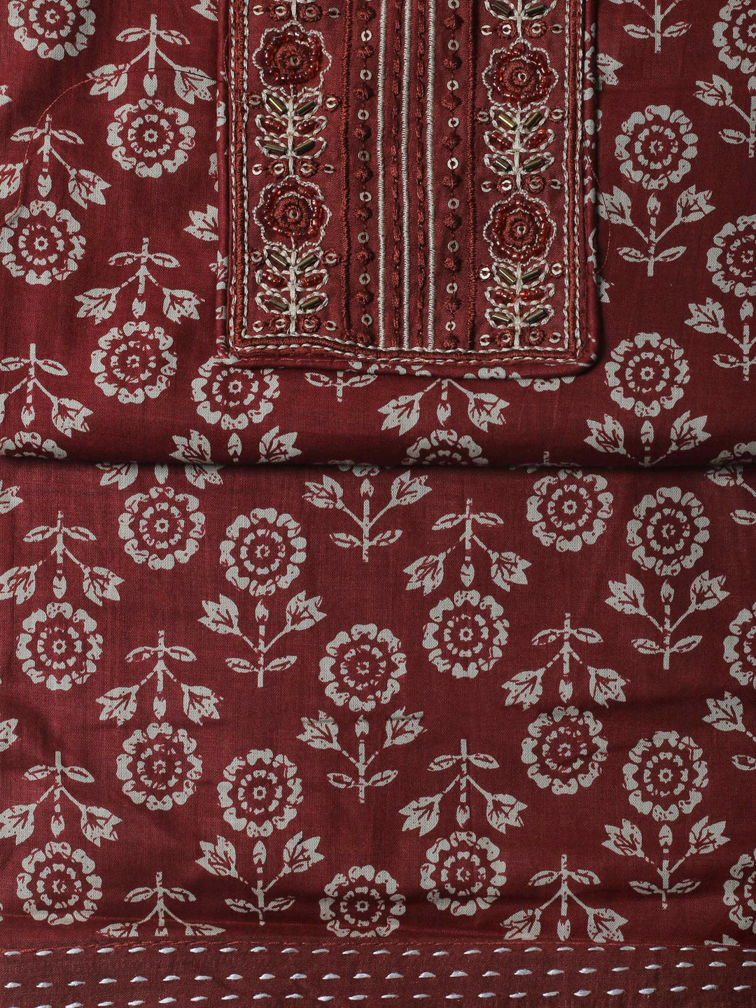 Rust Printed Cotton Blend Unstitched Dress Material