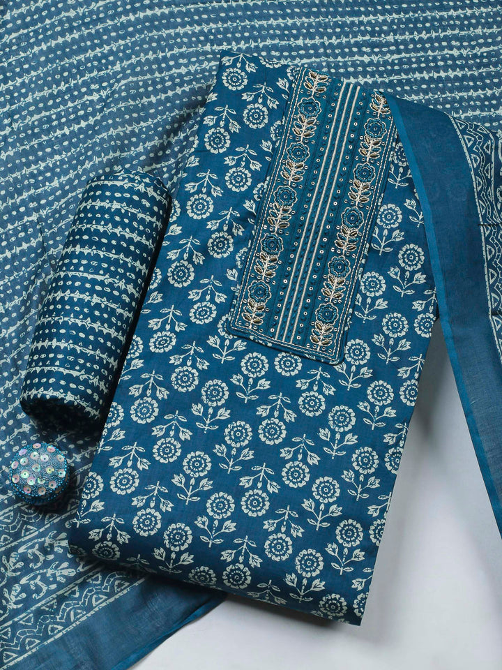 Teal Blue Printed Cotton Blend Unstitched Dress Material