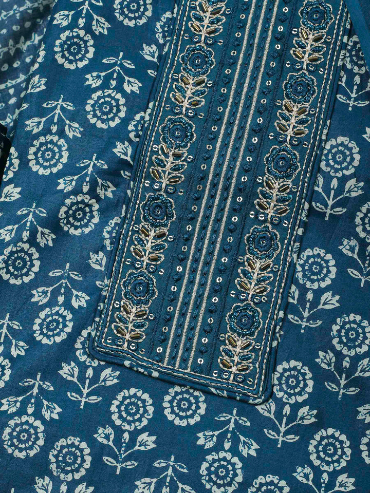 Teal Blue Printed Cotton Blend Unstitched Dress Material