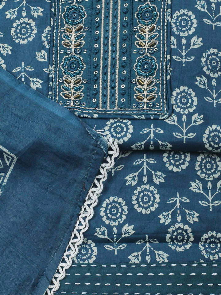 Teal Blue Printed Cotton Blend Unstitched Dress Material