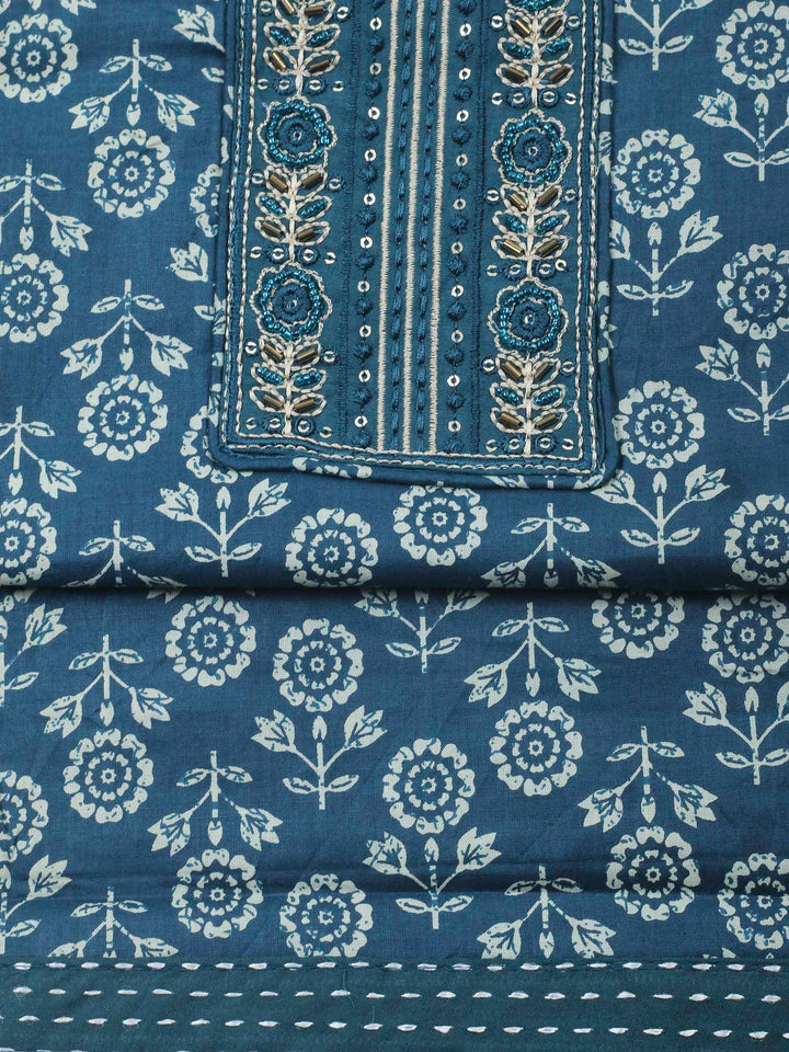 Teal Blue Printed Cotton Blend Unstitched Dress Material