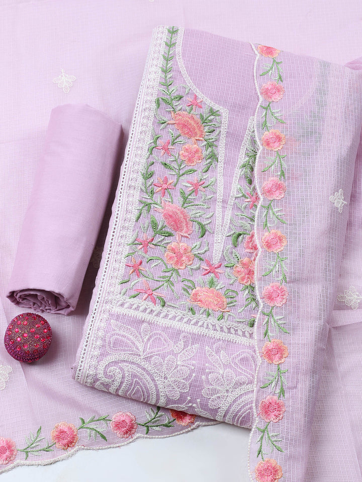 Mauve Embroidered Cotton Blend Unstitched Suit &amp; Pant With Cotton Dupatta
