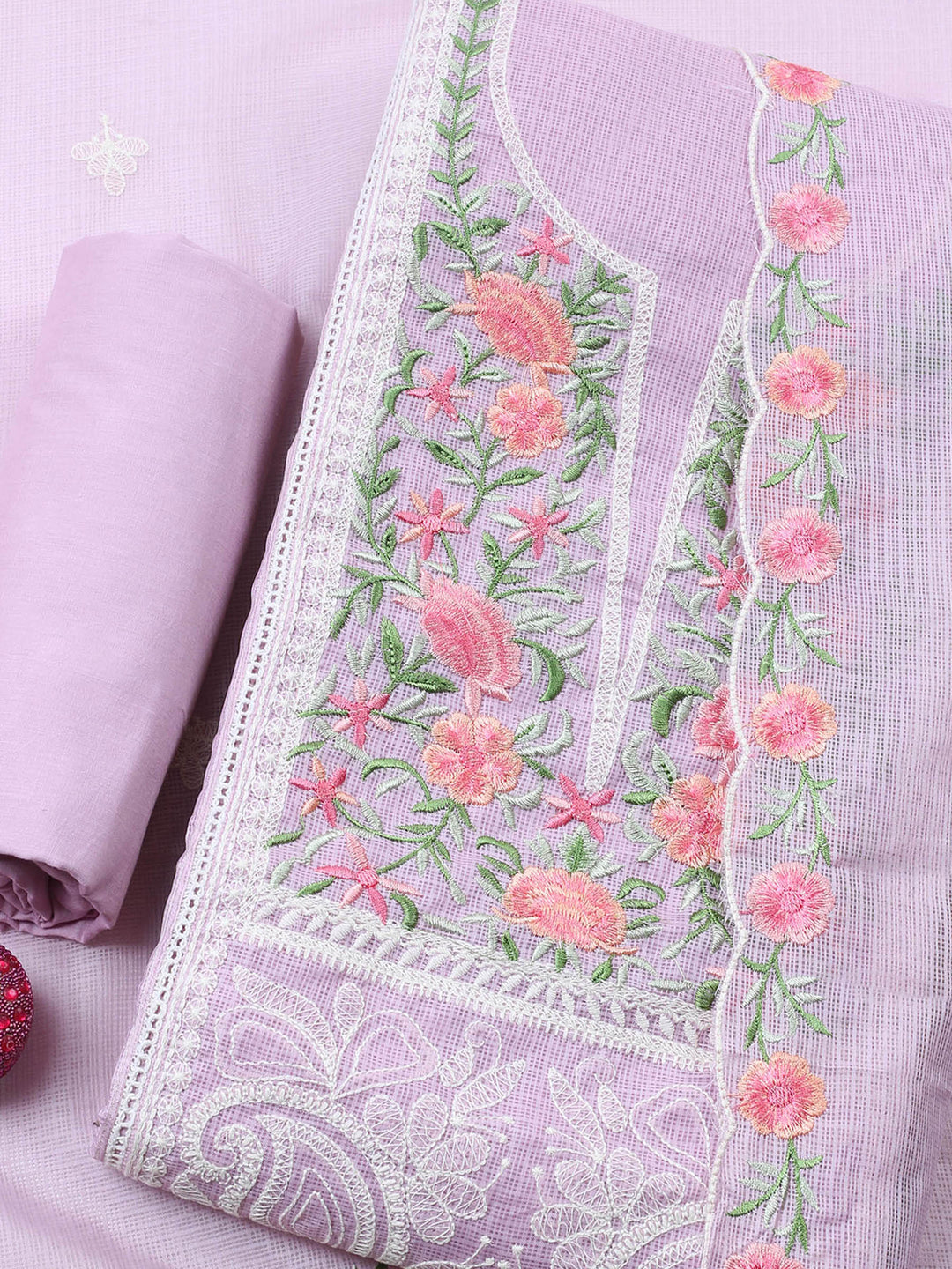 Mauve Embroidered Cotton Blend Unstitched Suit &amp; Pant With Cotton Dupatta