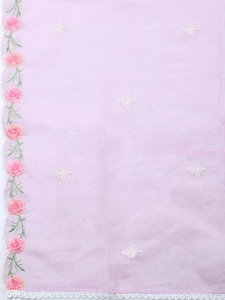 Mauve Embroidered Cotton Blend Unstitched Suit &amp; Pant With Cotton Dupatta
