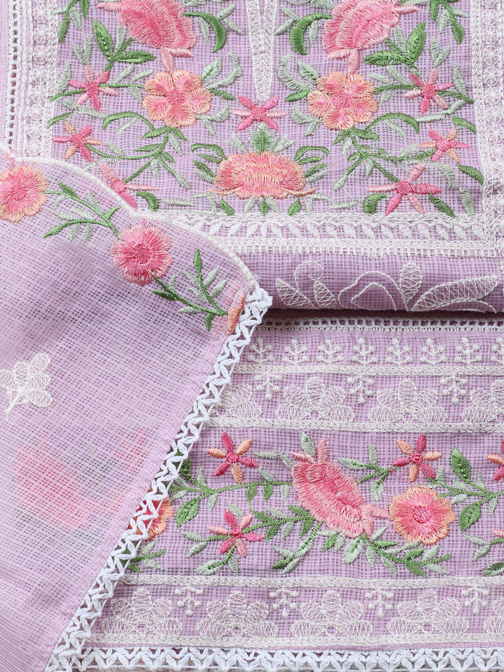 Mauve Embroidered Cotton Blend Unstitched Suit &amp; Pant With Cotton Dupatta