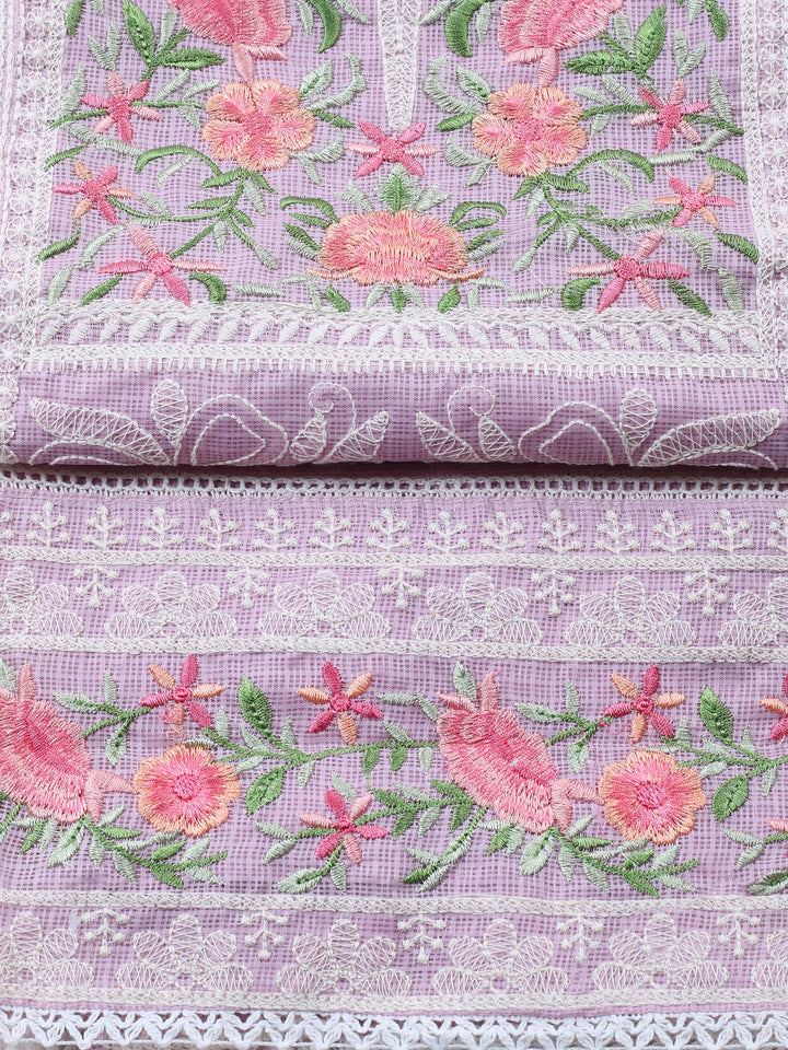 Mauve Embroidered Cotton Blend Unstitched Suit &amp; Pant With Cotton Dupatta