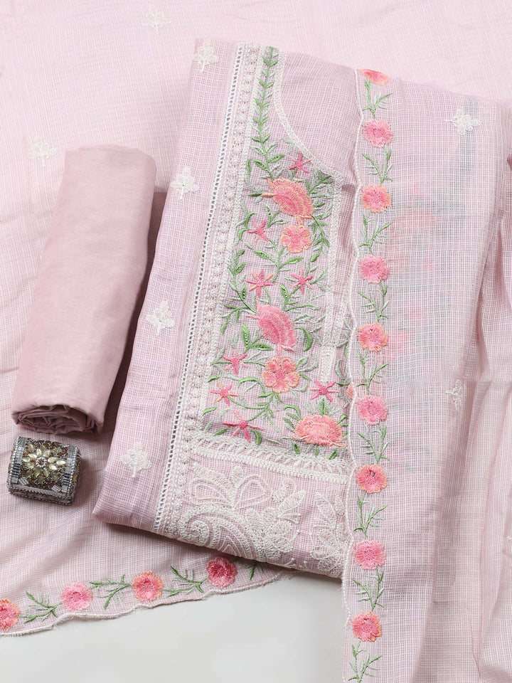 Peach Embroidered Cotton Blend Unstitched Suit &amp; Pant With Cotton Dupatta