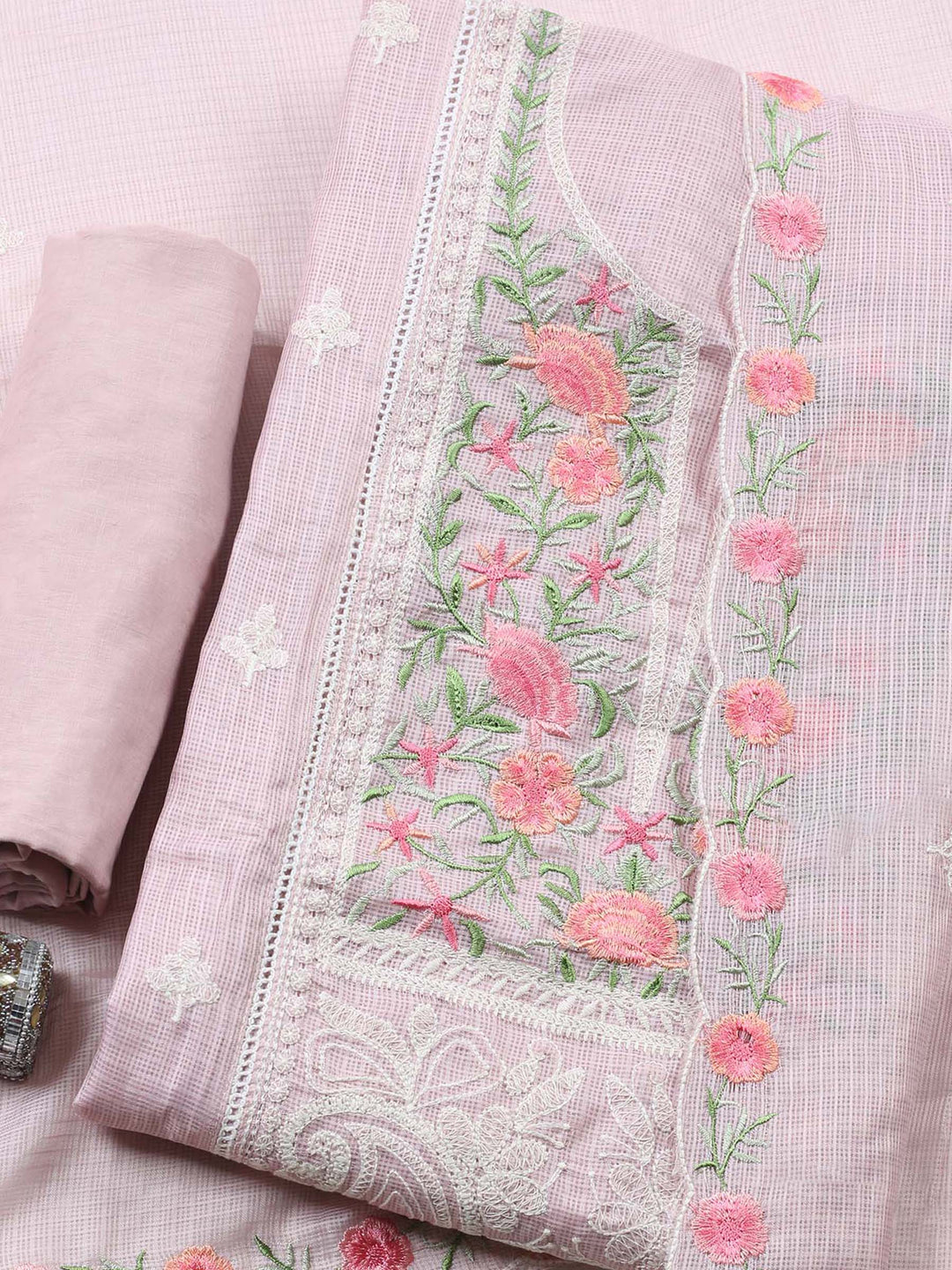 Peach Embroidered Cotton Blend Unstitched Suit &amp; Pant With Cotton Dupatta